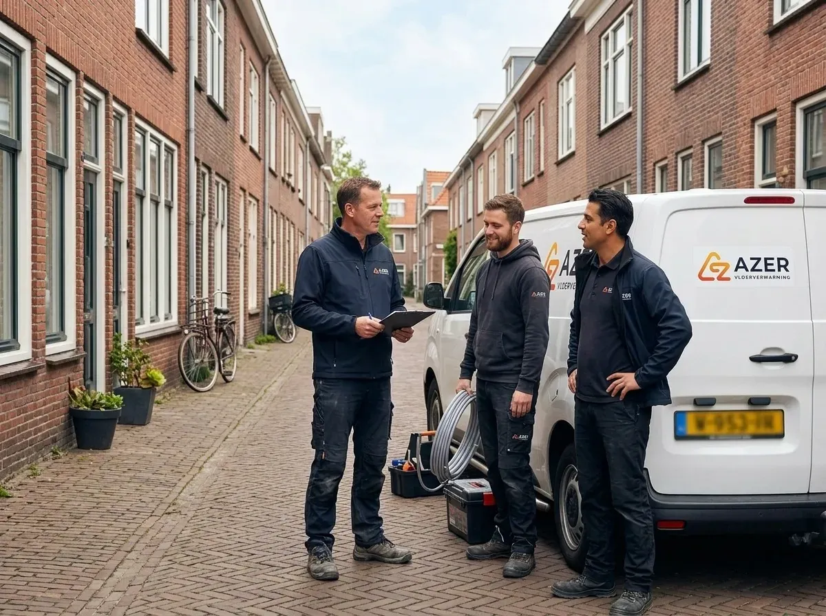 Azer Vloerverwarming team en servicebus in een Nederlandse straat
