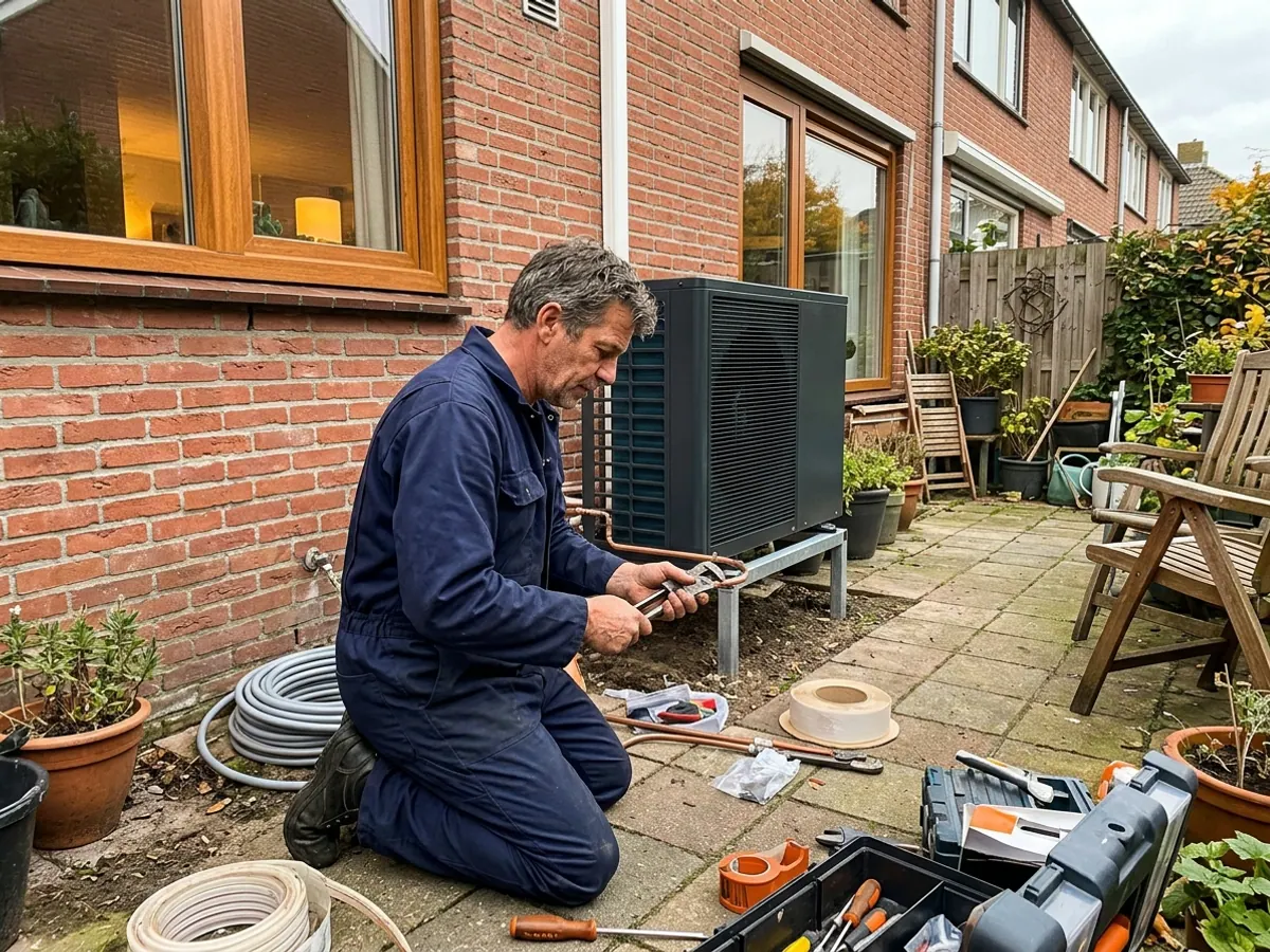 Monteur sluit leidingen aan op een warmtepomp-buitenunit bij een Nederlandse woning