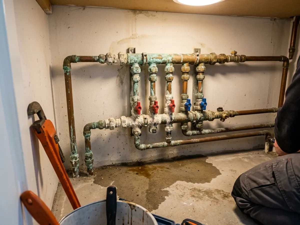 Oude verouderde vloerverwarmingsverdeler met kalkaanslag, corrosie en een vochtplek