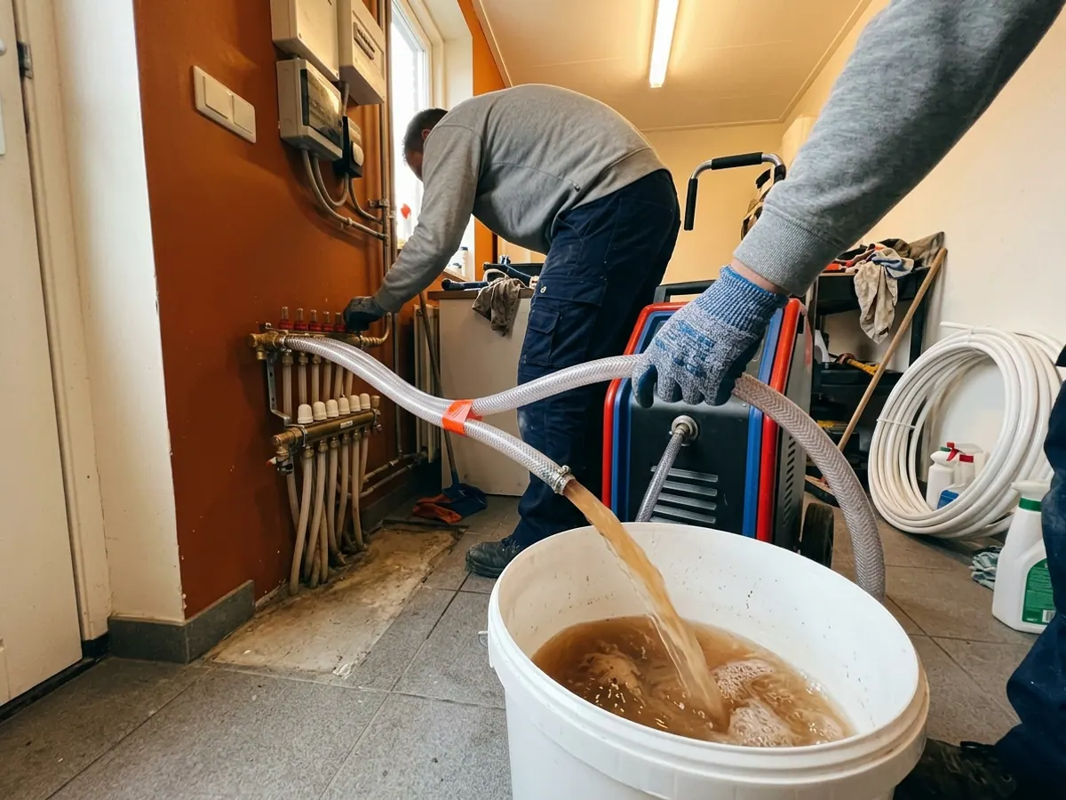 Doorspoelen van vloerverwarming met slangen op de verdeler en afvoer van troebel water