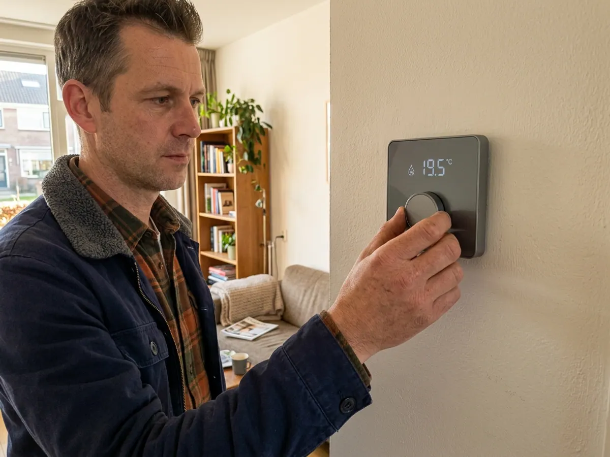 Temperatuur instellen op een moderne slimme kamerthermostaat aan de wand