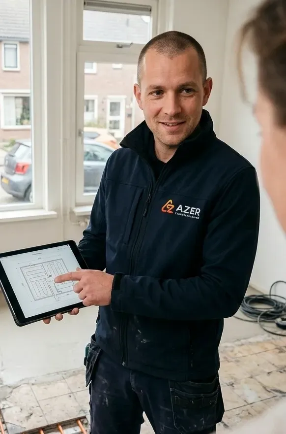 Azer Vloerverwarming adviseur toont het legplan voor de vloerverwarming op zijn tablet